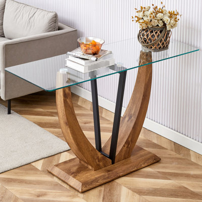 Table en verre moderne et minimaliste - Pieds en bois trempé et grain de bois de 0,39 po pour l'entrée et la zone de vie.