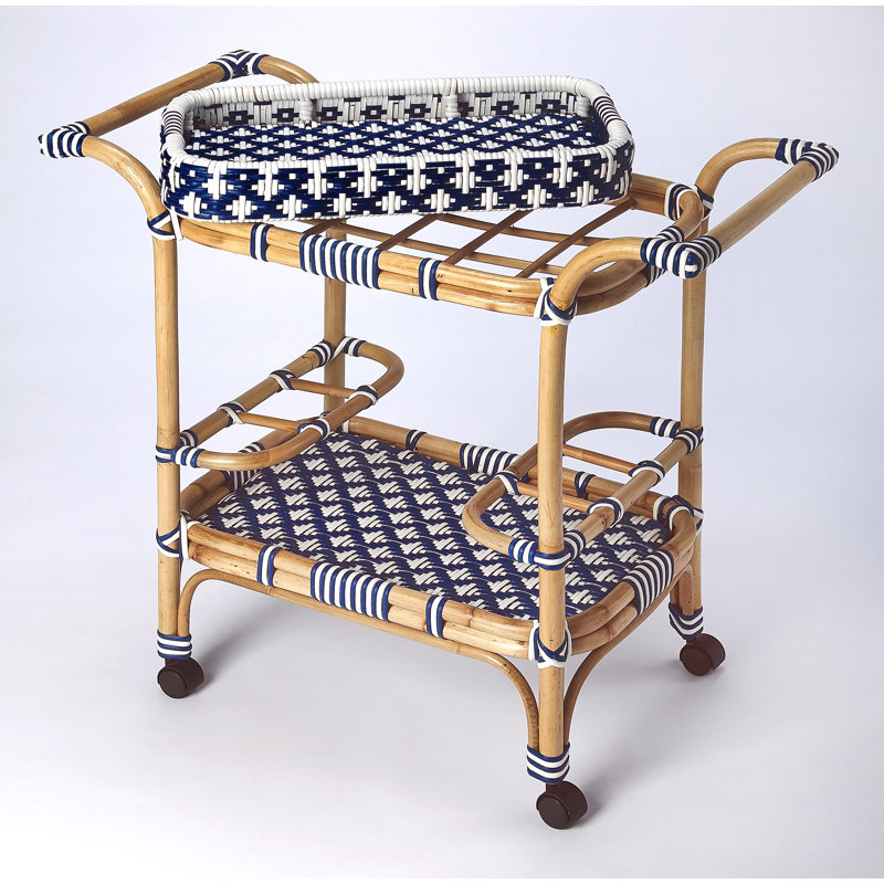 Selena & Rattan Bar Cart, Blue/white