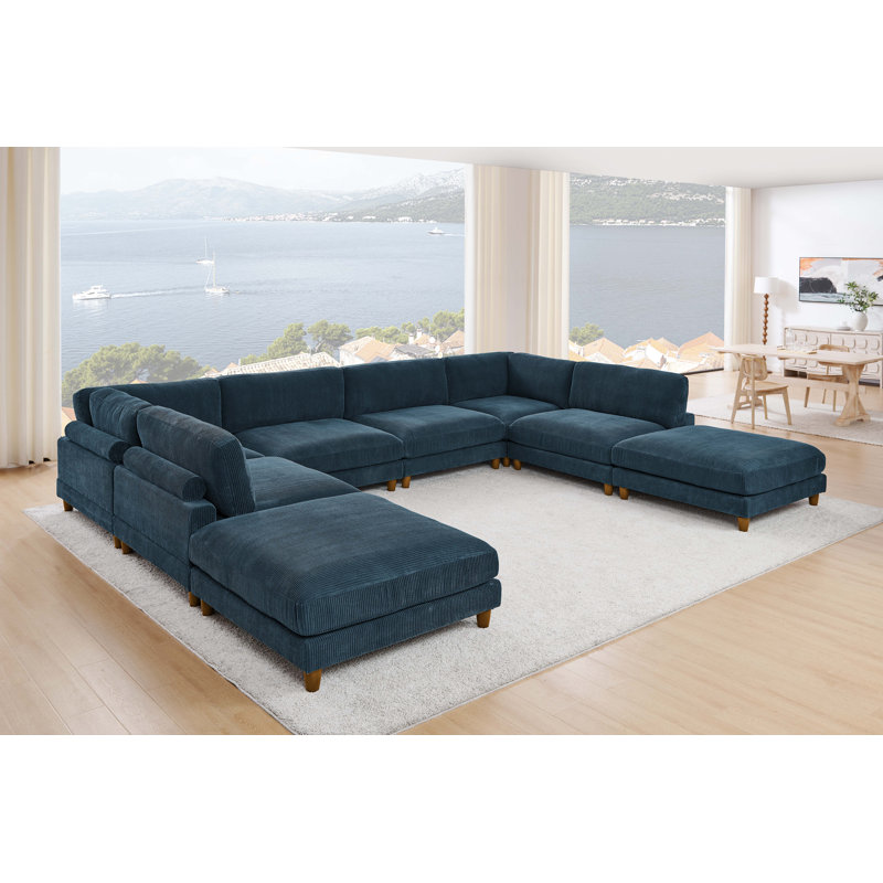 Canapé modulaire à large assise en velours côtelé, Velours côtelé bleu foncé, H 34 po x l 178 po x P 133,5 po