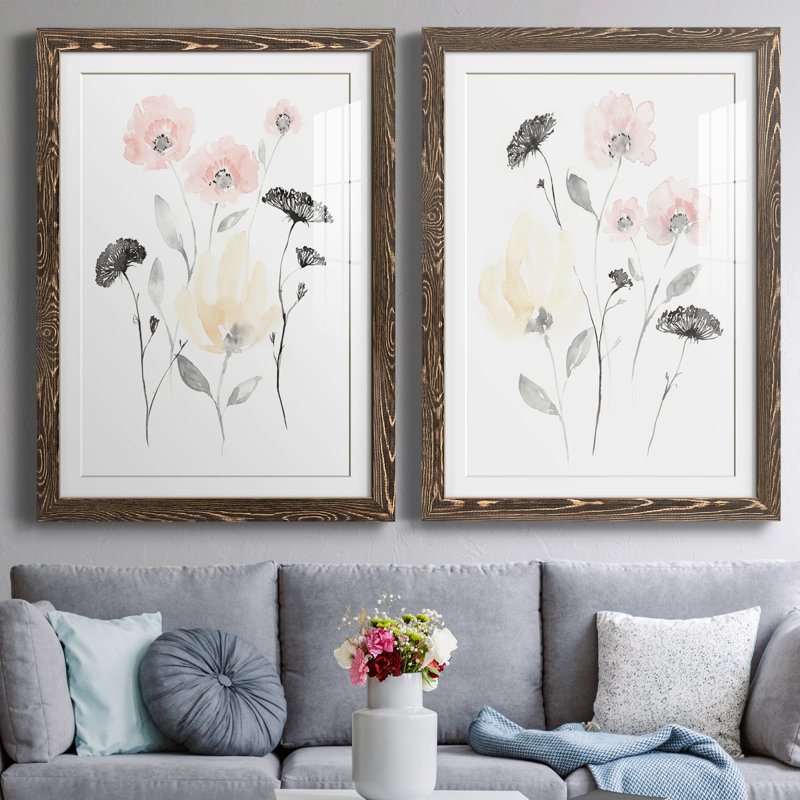 Blush & Black Wildflowers I encadré mat - prêt à accrocher, H 43,5 po x l 63 po x P 1 po, Cadre noyer