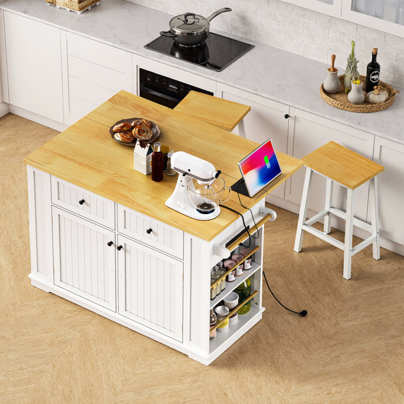 Rustic Farmhouse Kitchen Island with Power Outlet, Drop Leaf & 2 Stools, Ample Storage & Mobility, White
