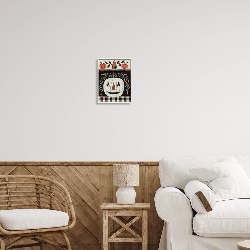 Automne Jack-O-Lantern at-138, H 14 po x l 11 po x P 1,5 po, Giclée encadrée blanc bord de mer