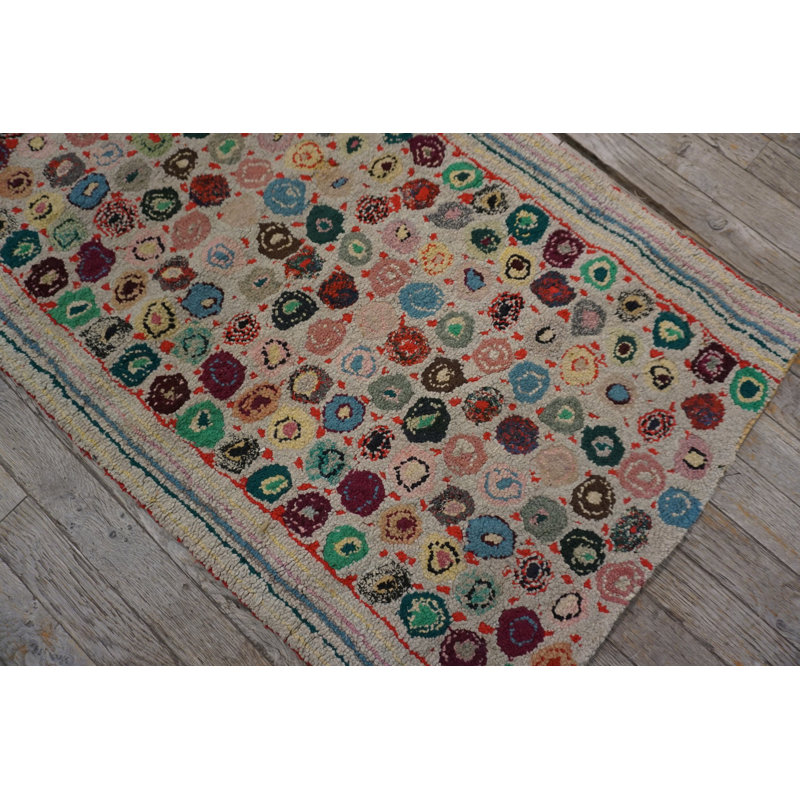 Antique American Penny Folk Art Pattern Very Long Hooked Hallway Runner Rug