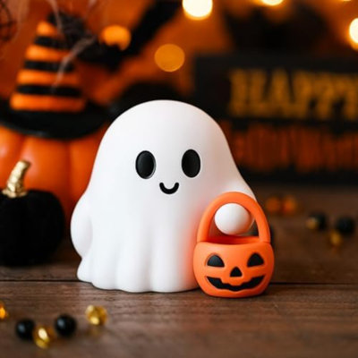 Figurine d'Halloween fantôme, statue de fantôme effrayant en résine avec panier de citrouille, décor mignon pour les décorations d'Halloween