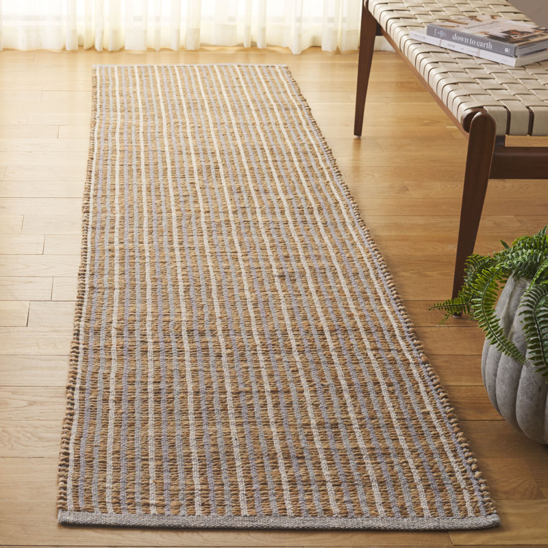 Kouki Natural Fiber Handwoven Jute Cotton Striped Rug in Gray/Natural, Runner 2'3" x 9'