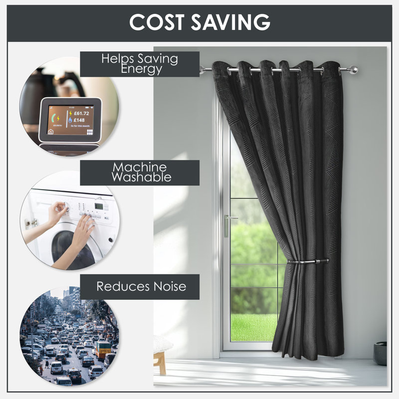 Midnight - Embossed Velvet Woven Thermal Eyelet Door Curtain, Black, 116cm Width x 213cm Drop