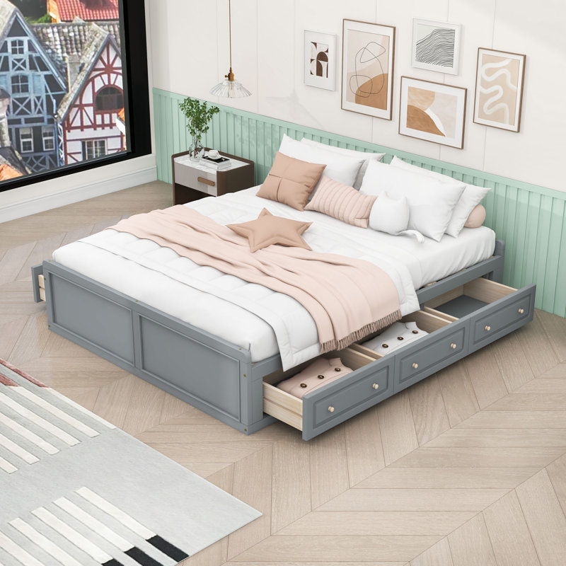 Grand lit plateforme en bois 6 tiroirs