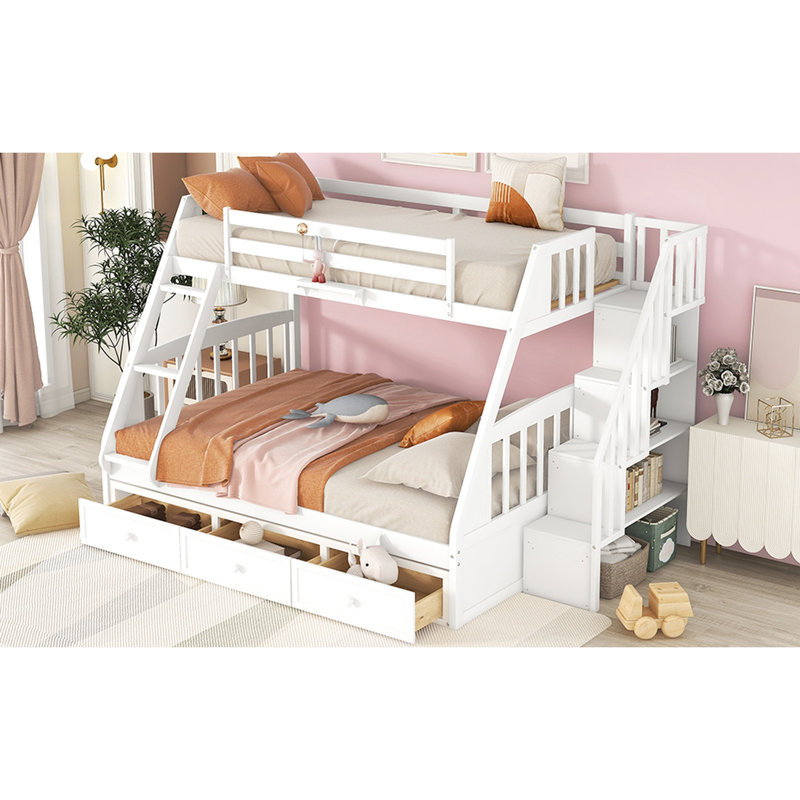 Lit superposé simple blanc avec escalier de rangement - Ajoutez du caractère aux tiroirs de votre chambre à coucher en blanc. Fabrication solide pour une utilisation à long terme. Maximisez le rangement. Polyvalent, il peut s'agir de deux lits séparés. Coffre-fort plein