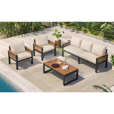 Ensemble de canapé d'extérieur pour 5 personnes avec accoudoirs en bois d'acacia, ensemble de conversation avec coussin amovible et table basse en bois massif pour le jardin et la cour, GO