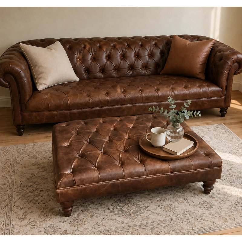 Deep Buttoned Italian Leather Coffee Table Ottoman 65 x 80 cm - Vintage Brown, Vintage Espresso