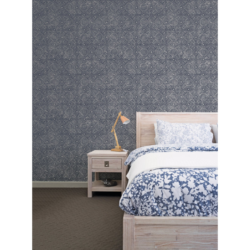 Bazaar Metallic Geometric Moroccan Paisley 33' L x 21" W Wallpaper Roll, Navy