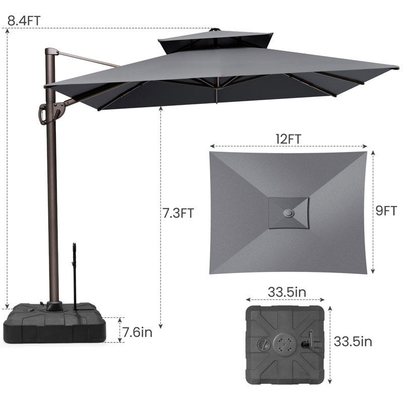 Parasol de patio rectangulaire en porte-à-faux avec base Wasif 9 pi x 12 pi - mobile par une personne, Gris foncé