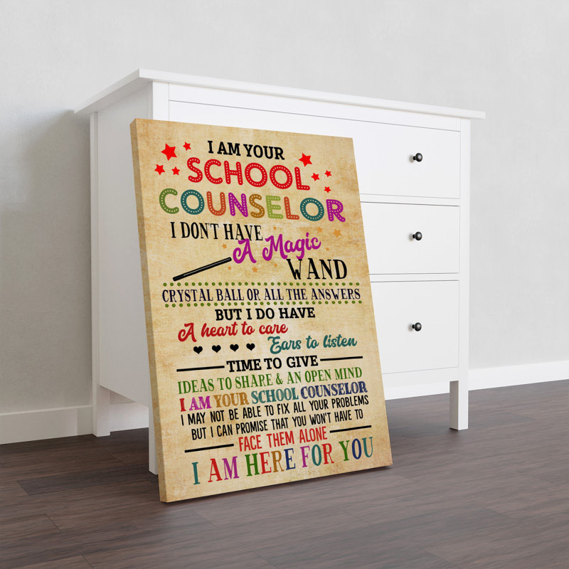 «I Am Your School Counsellor», toile tendue avec décor d'école, noir et rouge, H 20 po x l 16 po x P 2 po