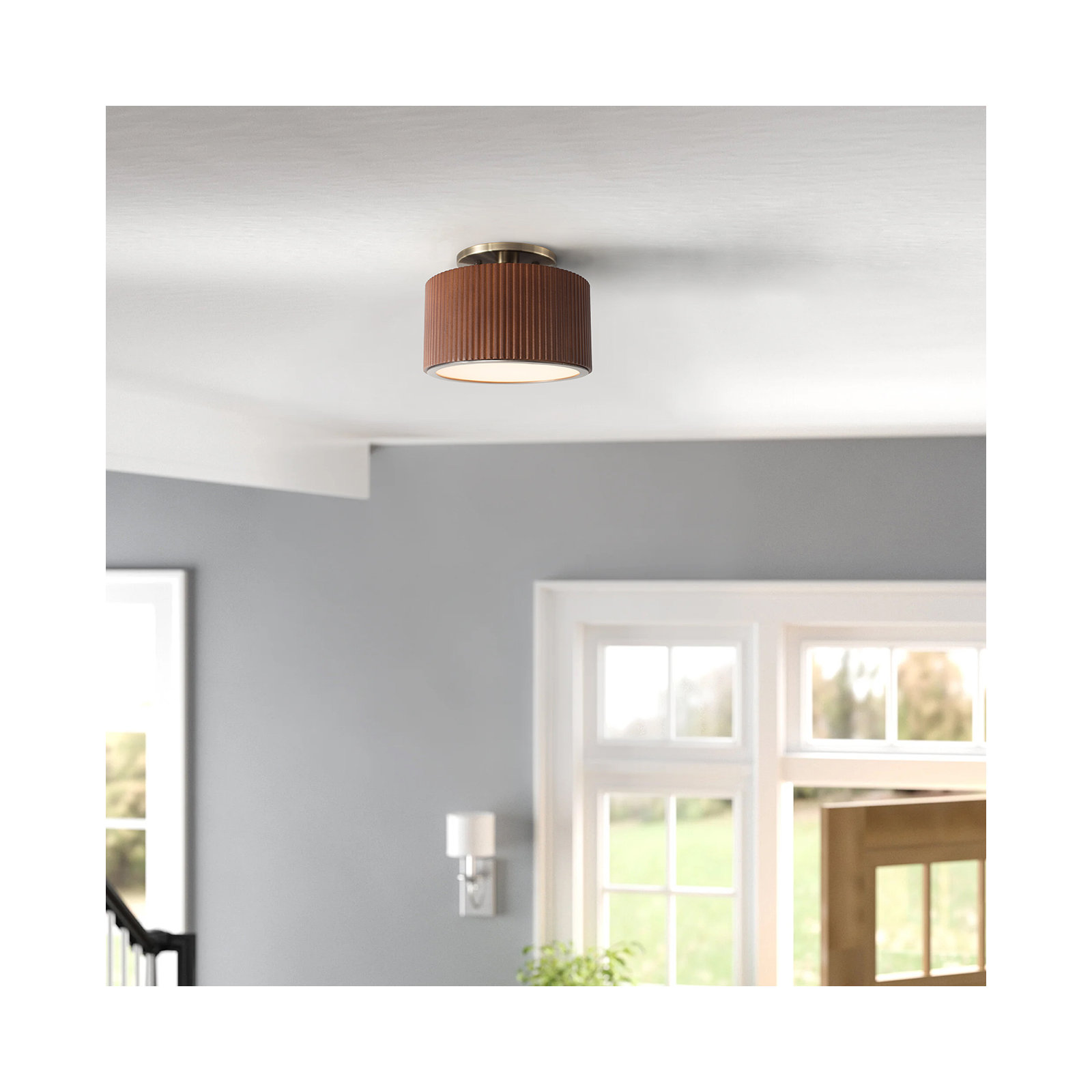 Tambo Semi-Flush Mount Ceiling Light - Weathered Brass, Dark Walnut