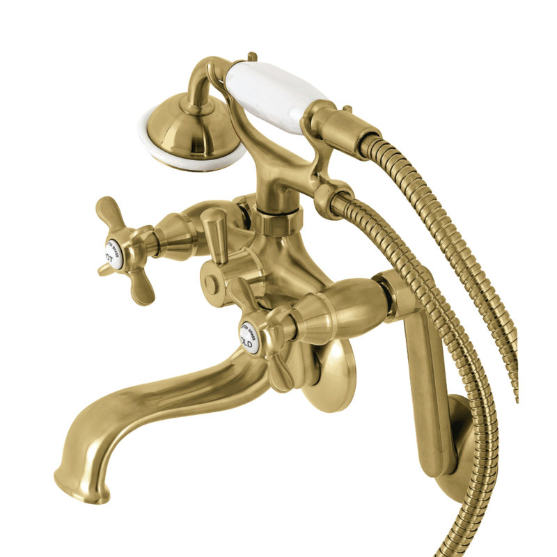 Kingston Brass Kingston Three-Handle 2-Hole Tub Wall Mount Clawfoot Tub Faucet with Hand Shower, Brushed Brass/White