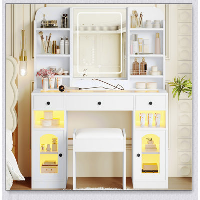 Bureau de meuble-lavabo 43,2 pouces avec miroir en verre, armoires à lumière RVB, 3 tiroirs, tablettes de rangement et tabouret pour chambres modernes