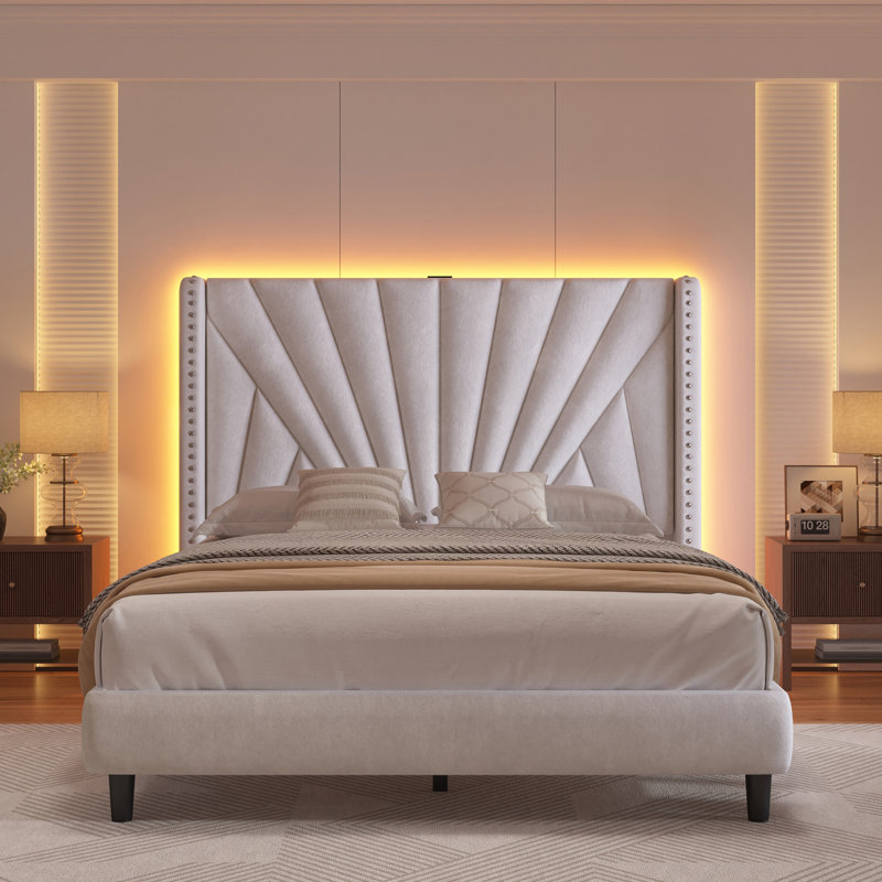 Bed Frame With 51"High Velvet Upholstered  Wingback Headboard, Platform Bed With Charging Station And Led Lights, Beige, Full