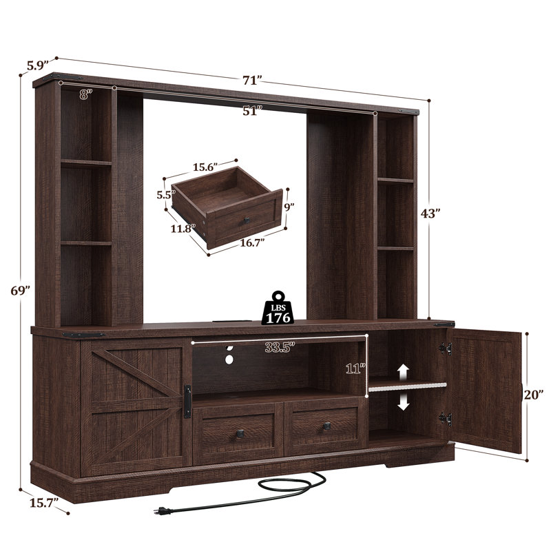 Farmhouse Entertainment Center For 60 Inch Tv, With 2 Led Lights, Power Outlets & Storage Shelf, Brown