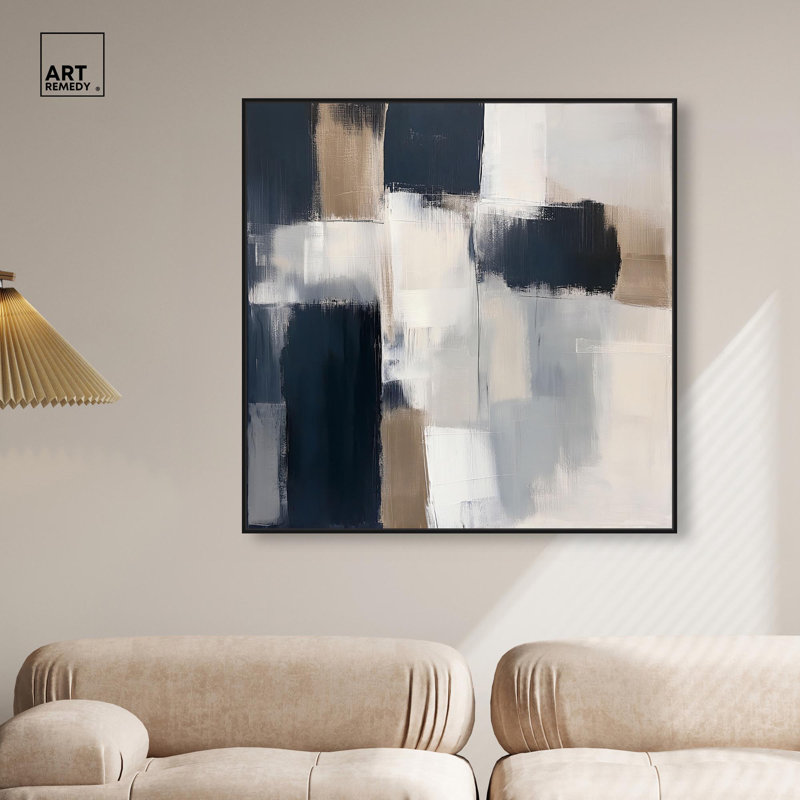 «Blue and Tan Abstraction II», art mural bleu par , H 41 po x l 41 po, Cadre flottant noir