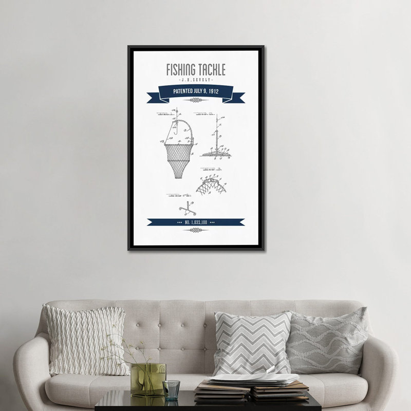 " J.H. Zevely Fishing Tackle Patent Sketch Retro " by Aged Pixel, Black Framed Canvas, No Mat, 48" H x 32" W x 1.5" D