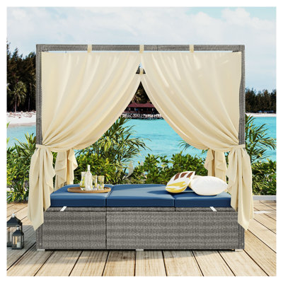 U_STYLE Chaise longue d'extérieur réglable en rotin avec auvent bleu foncé