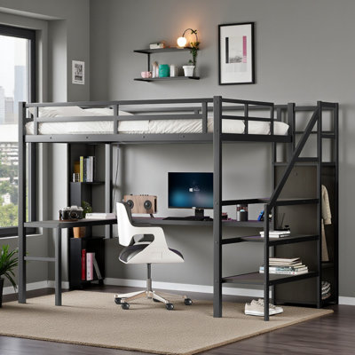 Metal Loft Bed With Built-In-Desk And Charging Station
