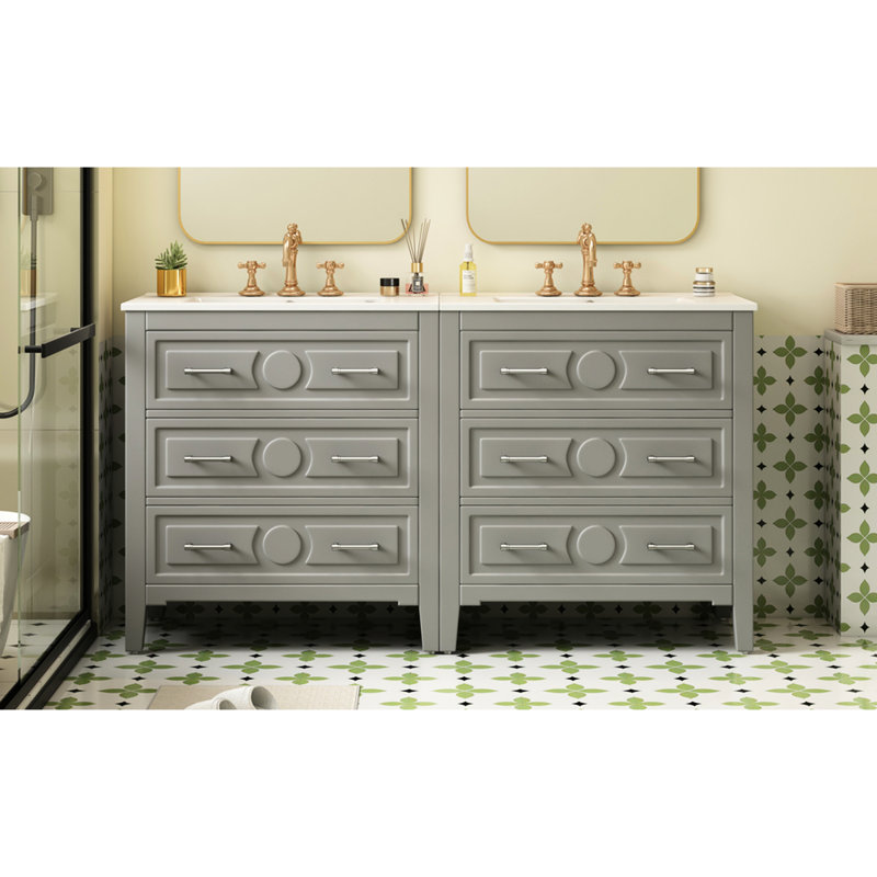 Meuble-lavabo de 60 po, couleur grise, structure en bois massif, lavabo en céramique, 3 tiroirs, style rétro, assemblage facile, conception classique, à assembler