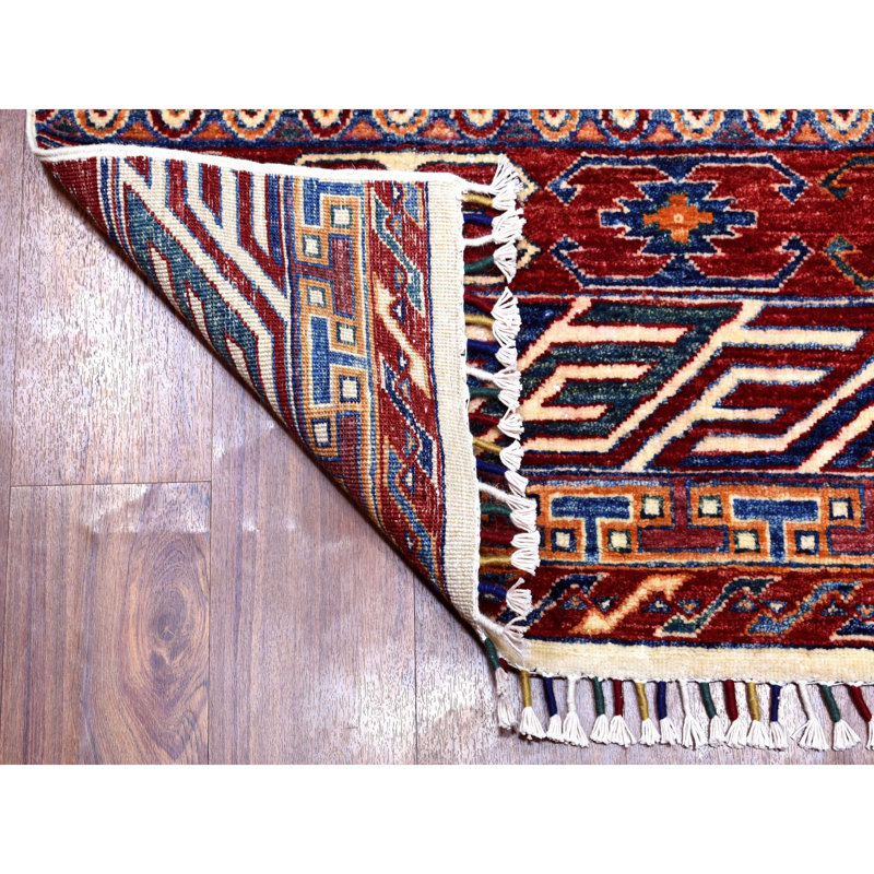 Tapis de la surface en laine rouge/bleu 2 pi 4 po x 9 pi 1 po one-of-kind à la main noué la