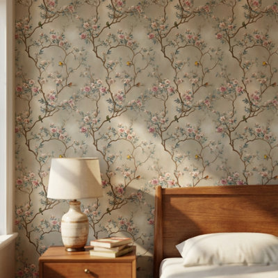 Papier peint floral avec oiseaux amovibles beige