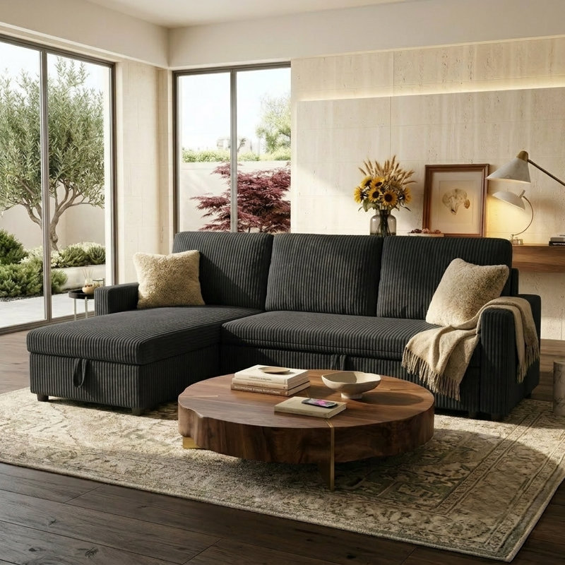 Canapé-lit modulaire convertible de 83 po avec lit escamotable 83 po, canapé en velours côtelé 4 en 1 avec méridienne de rangement et chargement USB, noir