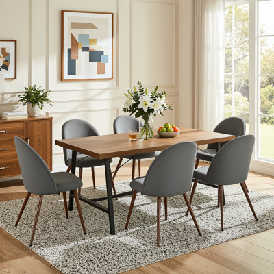 7-Piece Rectangular Wood-Look Dining Table Set With 6 Upholstered Chairs