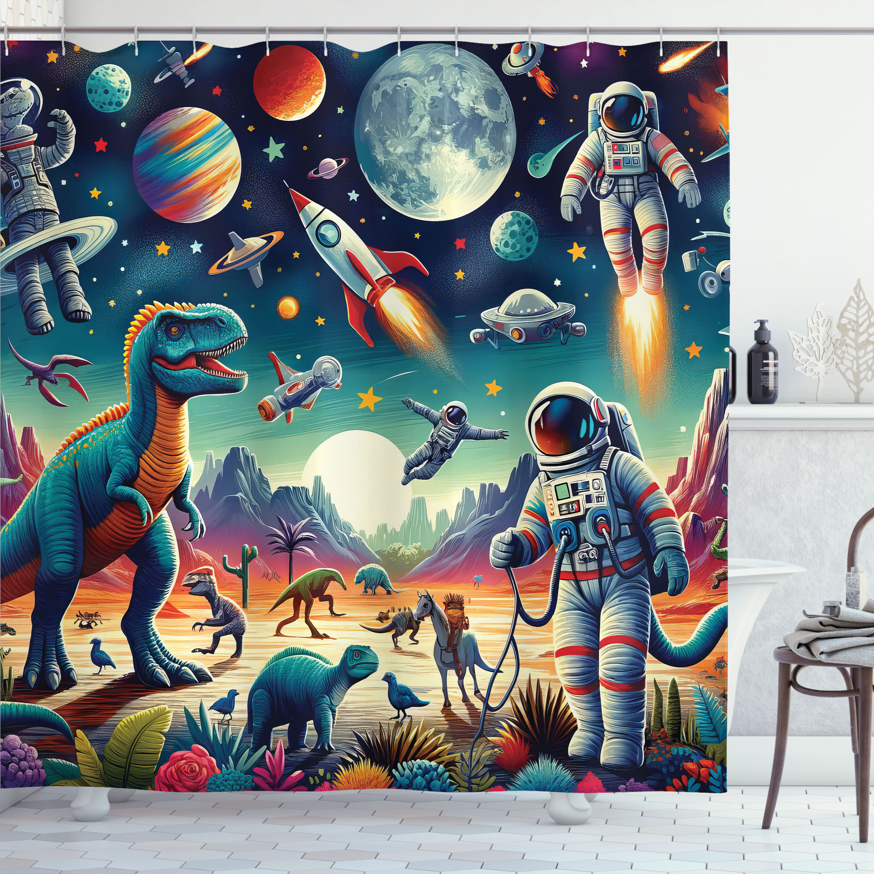 Cartoon Astronaut Shower Curtain - 72x72 Inch Outer Space Theme With 12 Hooks