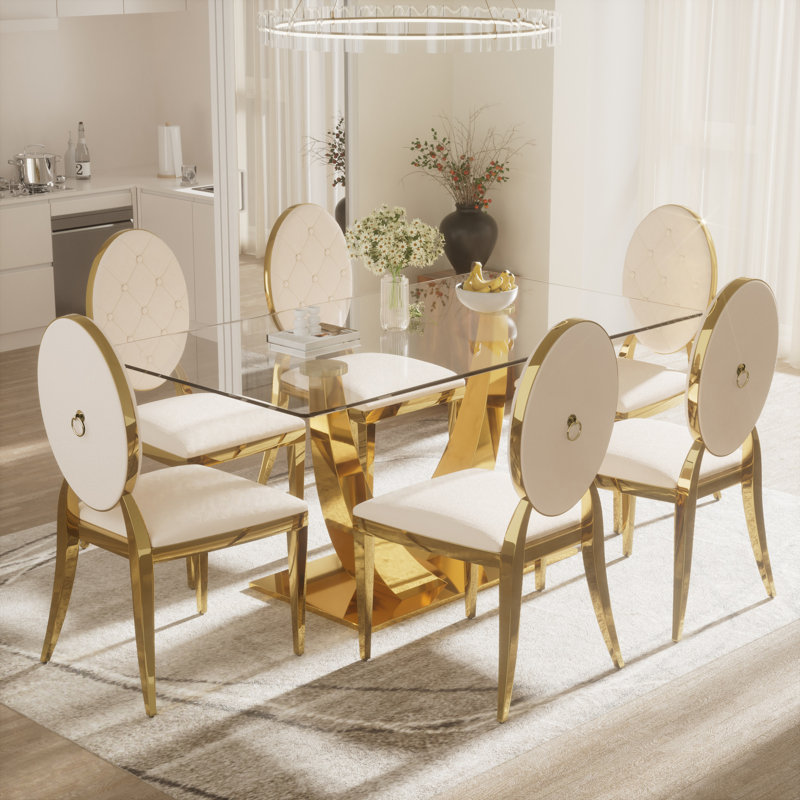 Ensemble de table de salle à manger rectangulaire en verre trempé avec fauteuil Luxtry, Beige, Argent argent, 7