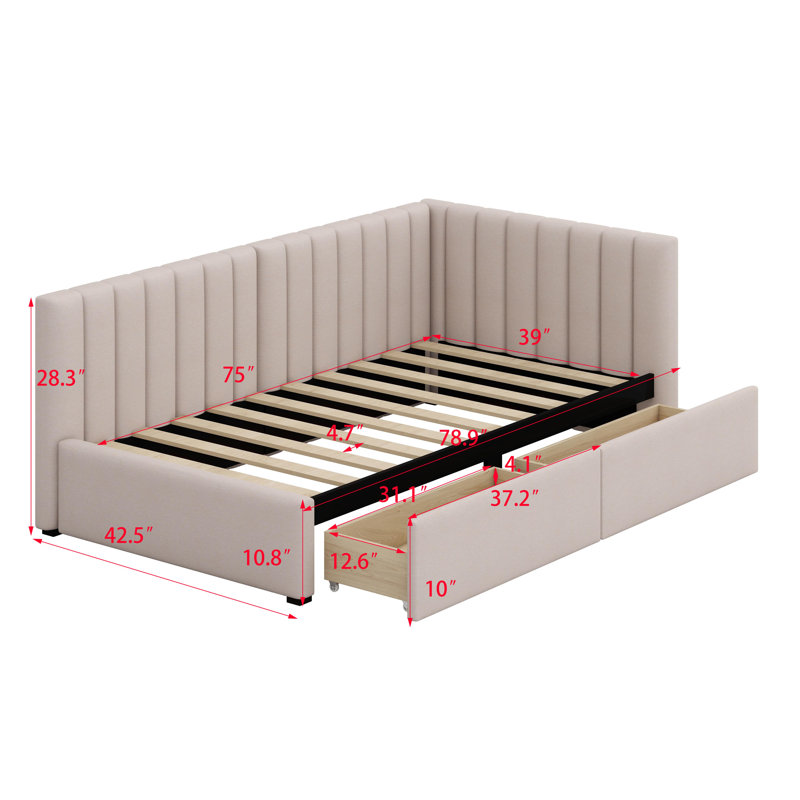 Upholstered Daybed With Storage Drawers, Beige