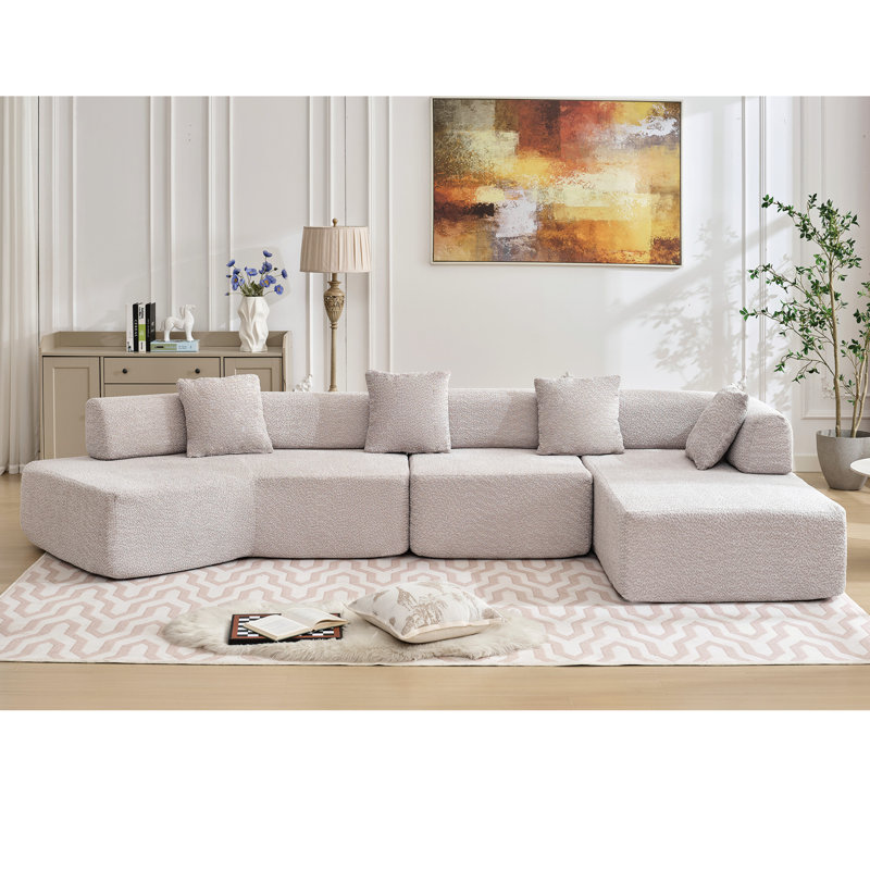 Surdimensionné 4, Boucle grise, sans assemblage, élégant canapé de style moderne avec méridienne, revêtement Boucle, assemblage requis
