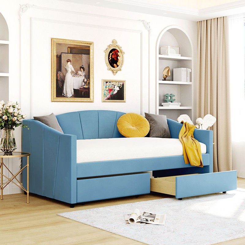 Dieatra Upholstered Daybed, Blue, Drawers Included