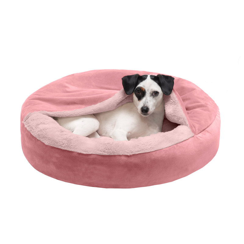 Small Rose Pink Velvet and Faux Fur Hooded Donut Pet Bed