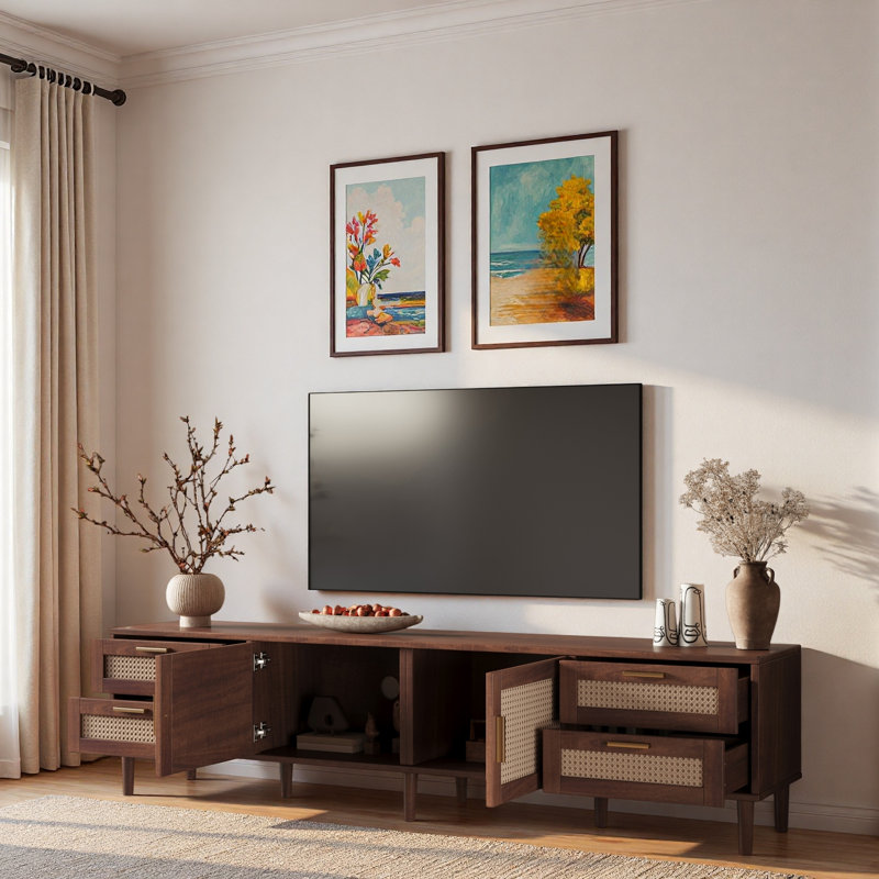 Meuble télé moderne avec 4 tiroirs, 2 rangements fermés et portes en rotin