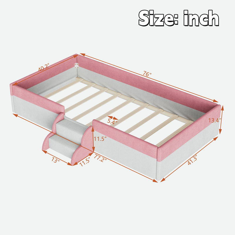 Lit rembourré pour enfant avec clôture, marches à 2 niveaux et bandes lumineuses à DEL, Twin, Pink