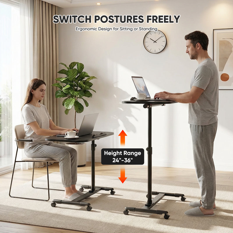 Bureau d'ordinateur Kushtrim, table debout à hauteur ajustable, bureau pour ordinateur portable avec roulettes, Noir