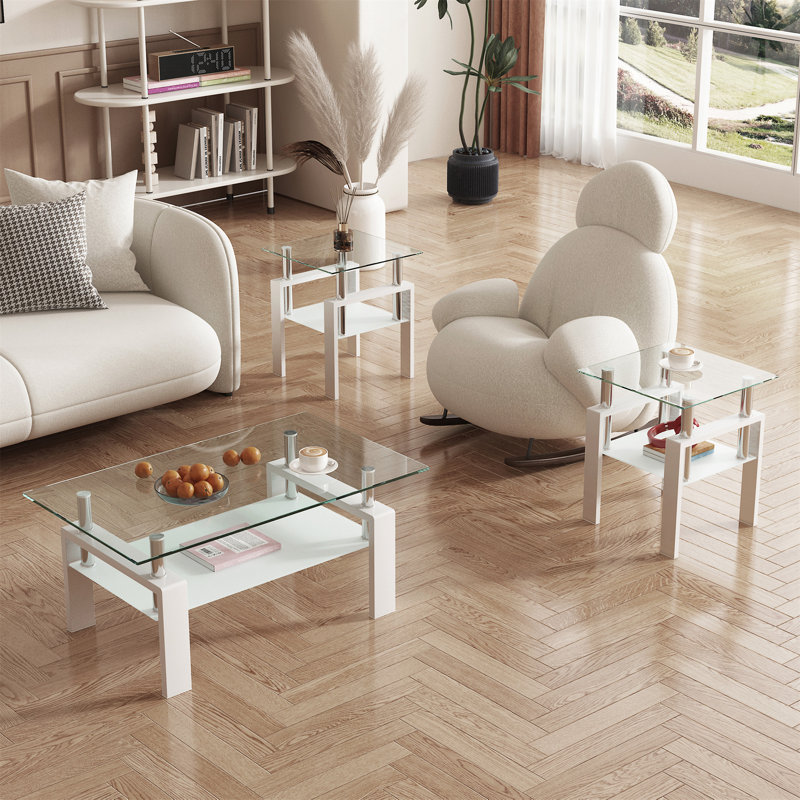 Ensemble de 2 tables basses, Blanc, Transparent