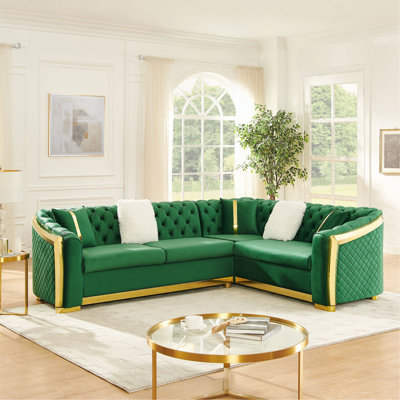 Ensemble de canapé modulaire en L 106 pouces avec accents en acier inoxydable doré, canapé capitonné à boutons en velours avec 5 coussins de luxe 106 pouces