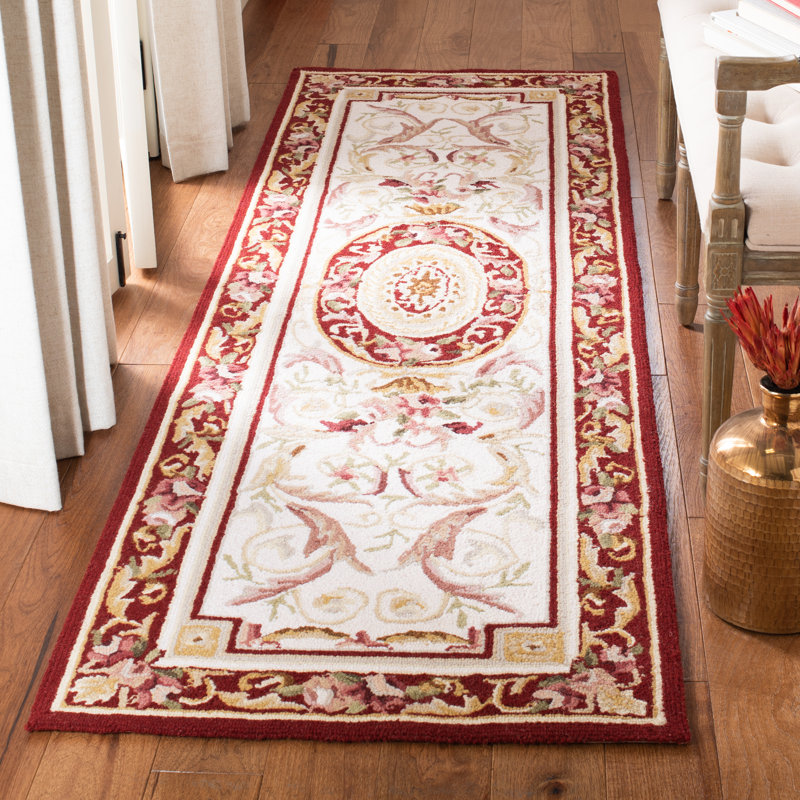 Hollander Oriental Hand-Hooked Wool Burgundy Area Rug, Runner 2'6" x 10'