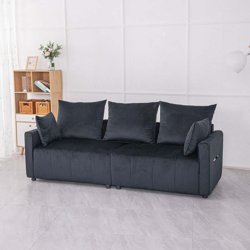 Huntoon Velvet 2-Seater Sectional Sofa with Pillows, Black