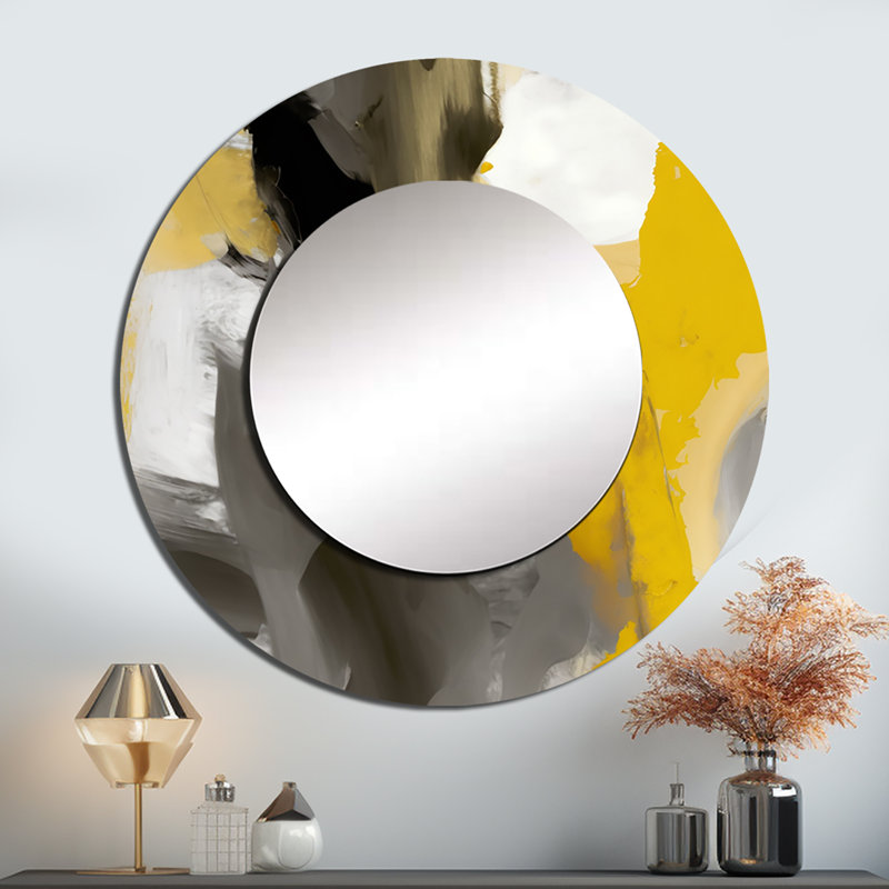 Sallyann moutarde jaune et gris vif II - miroir mural décoratif abstrait, grand miroir rond moderne, impression d'art en métal
