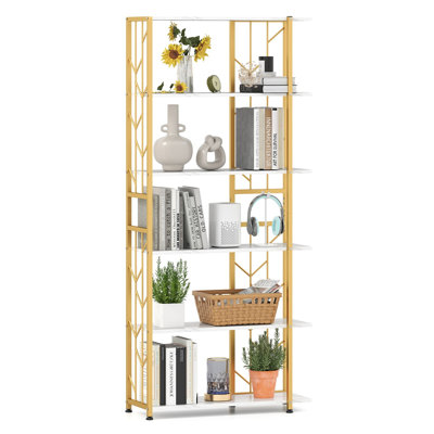 6-Tier Modern Geometric Bookshelf, Heavy-Duty Metal Frame & Engineered Wood, Anti-Tip Safety Kits, Gold