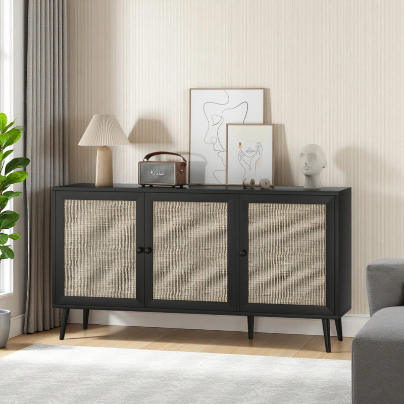 59"Wide Rattan Sideboard Buffet Cabinet with Hand-Woven Design,,Adjustable Shelves,Versatile Storage for Dining Room & Kitchen