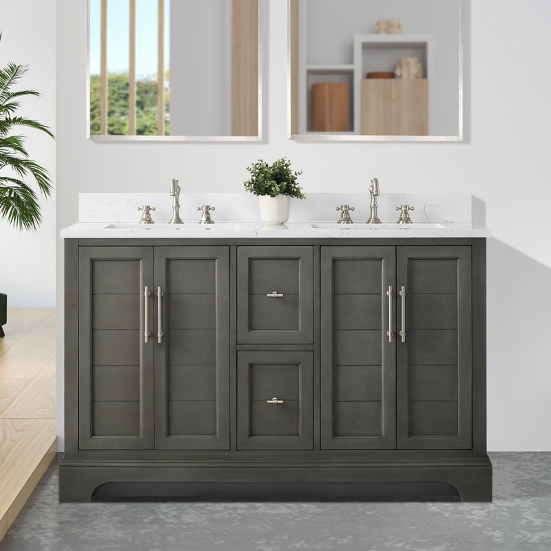  54" Freestanding Double Sink Bathroom Vanity with Top, Silver Gray