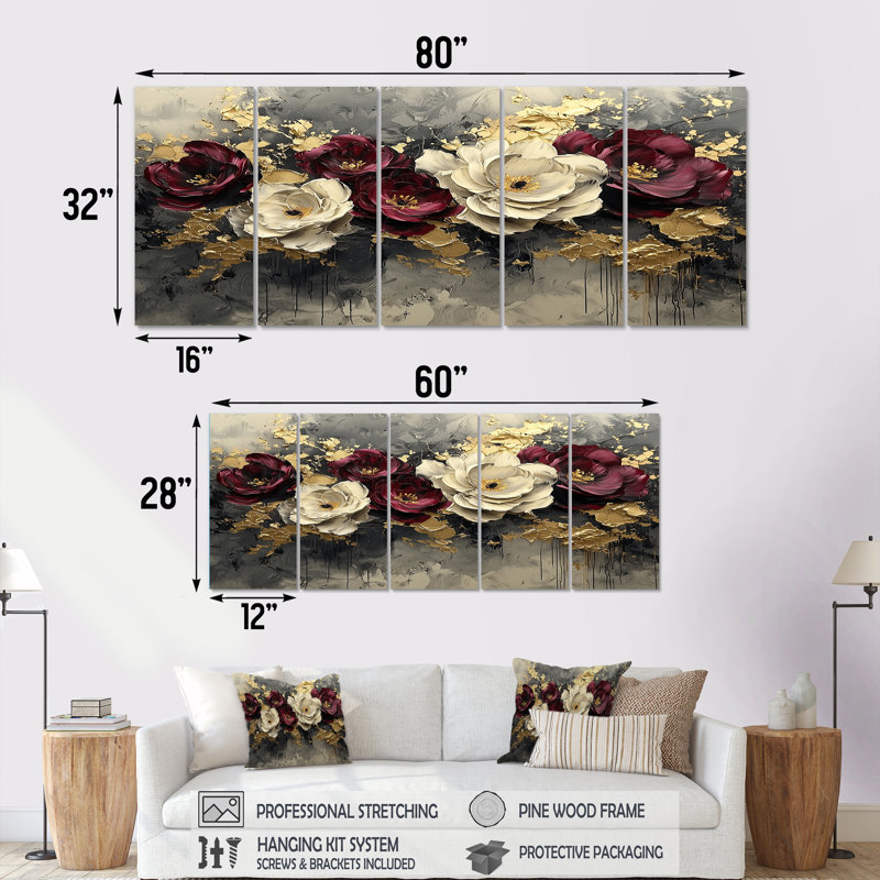 Everly - Poppies Wall Art - Art mural traditionnel pour le salon, H 32 po x l 80 po