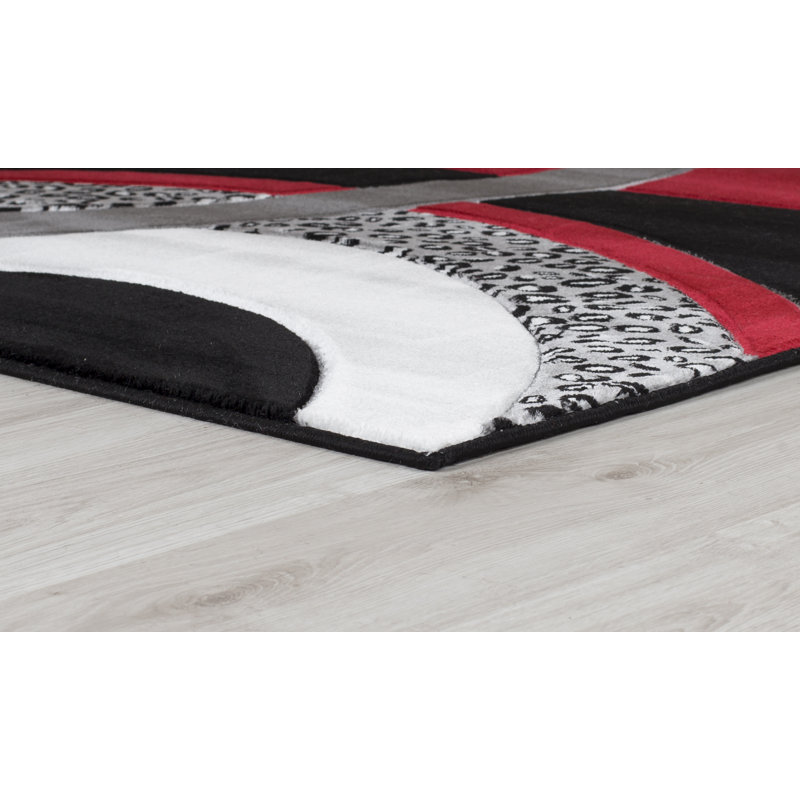 Tapis noir / rouge à motif géométrique Adonia, Tapis de couloir 2 pi 8 po x 11 pi 10 po
